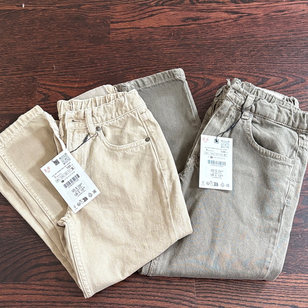 2 pairs (size 7 and 8) Zara Kids Beige and Gray Jeans